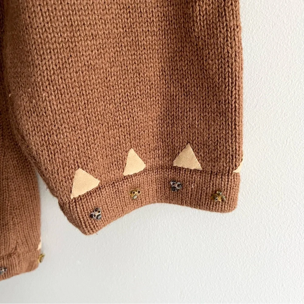 Storybook Knits Vintage Brown Geometric Floral Beaded Zipper Cardigan 1X